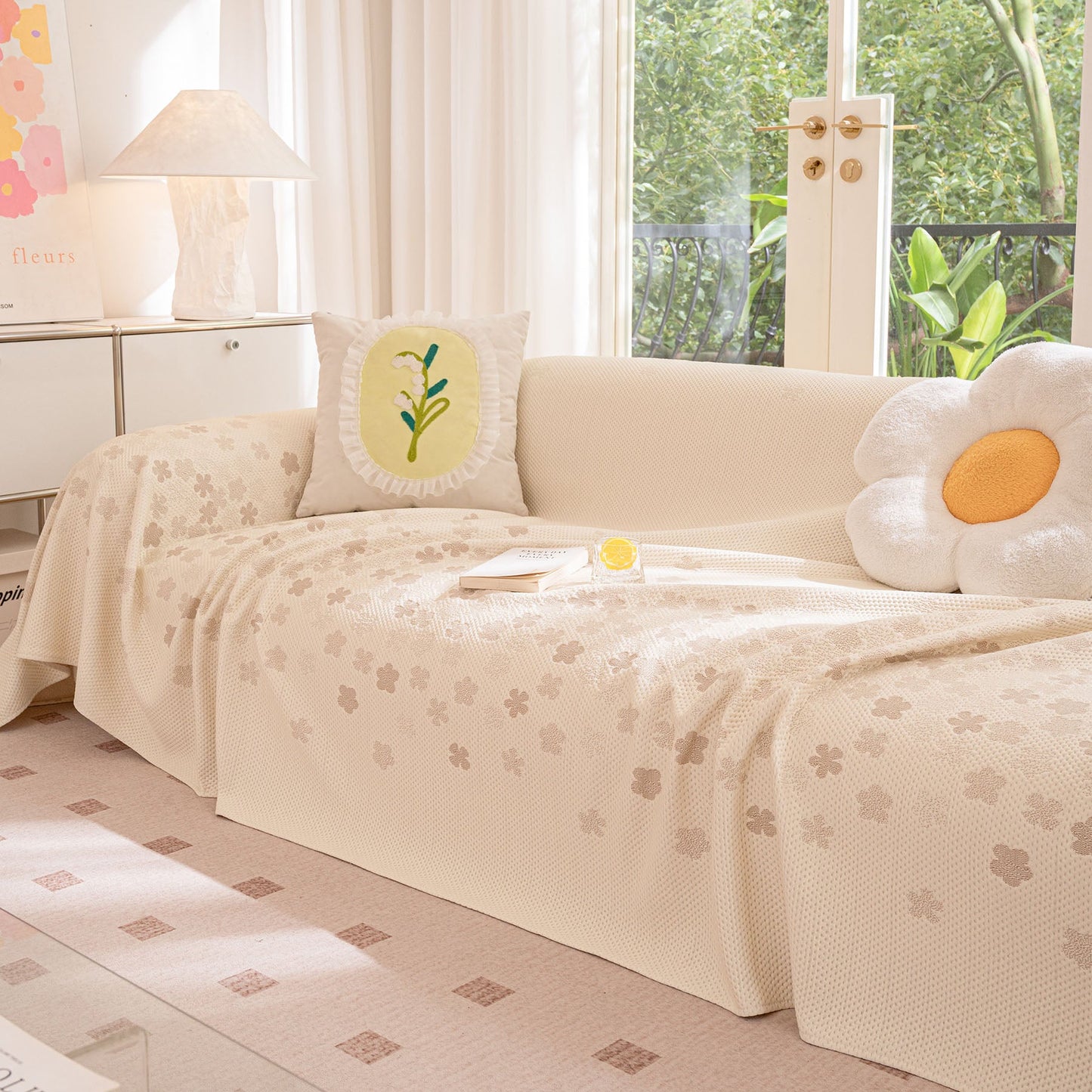 Cooling Ice Silk Sofa Cover Blanket, Floral Soft Silky Breathable Couch Throw Cover