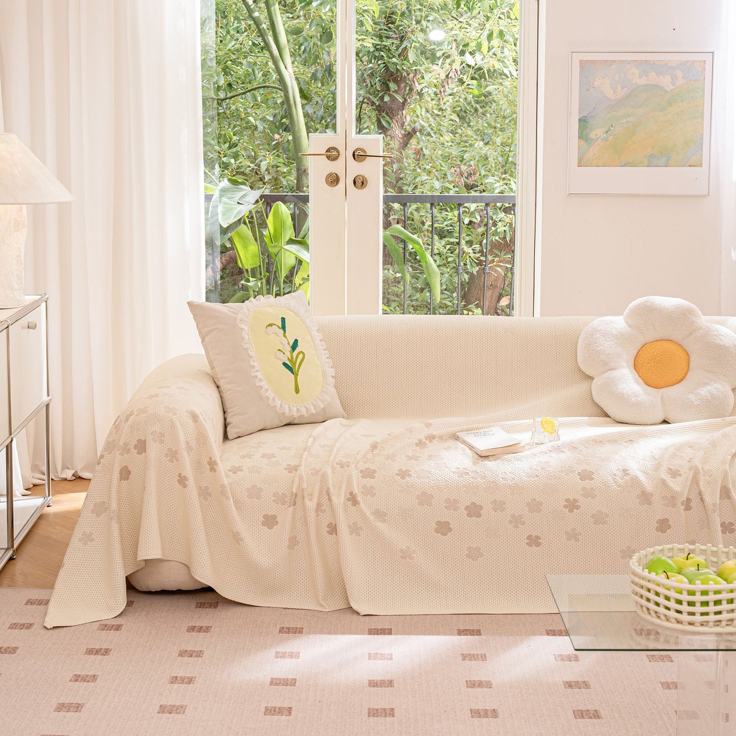Cooling Ice Silk Sofa Cover Blanket, Floral Soft Silky Breathable Couch Throw Cover