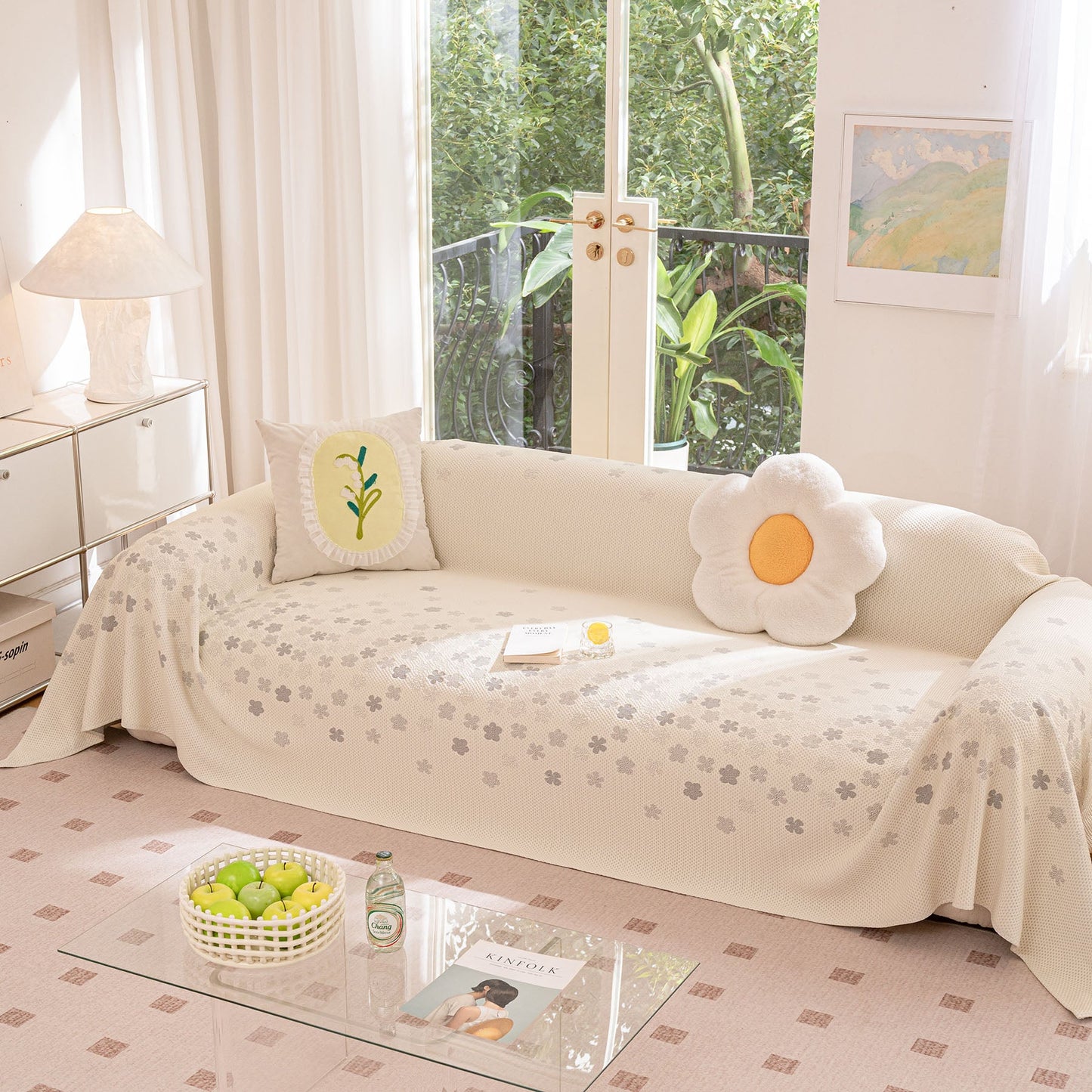 Cooling Ice Silk Sofa Cover Blanket, Floral Soft Silky Breathable Couch Throw Cover