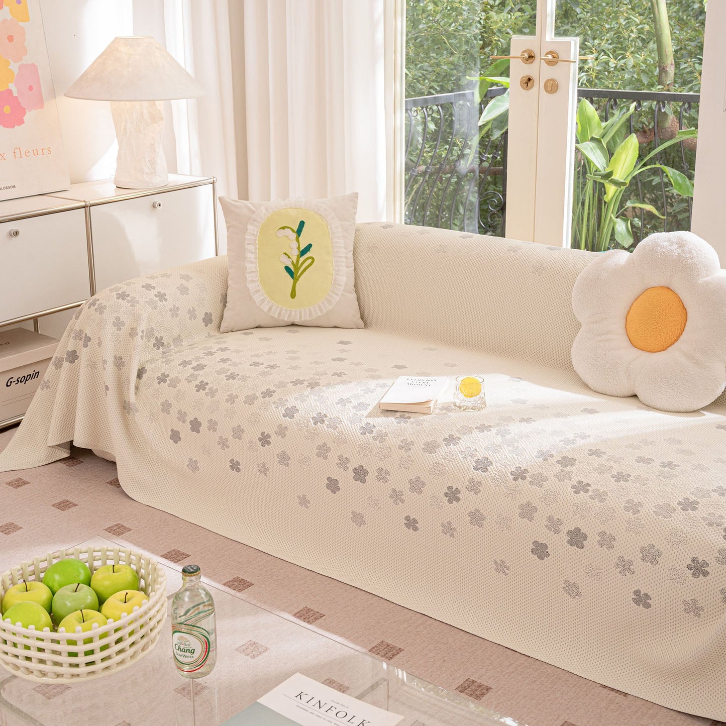 Cooling Ice Silk Sofa Cover Blanket, Floral Soft Silky Breathable Couch Throw Cover