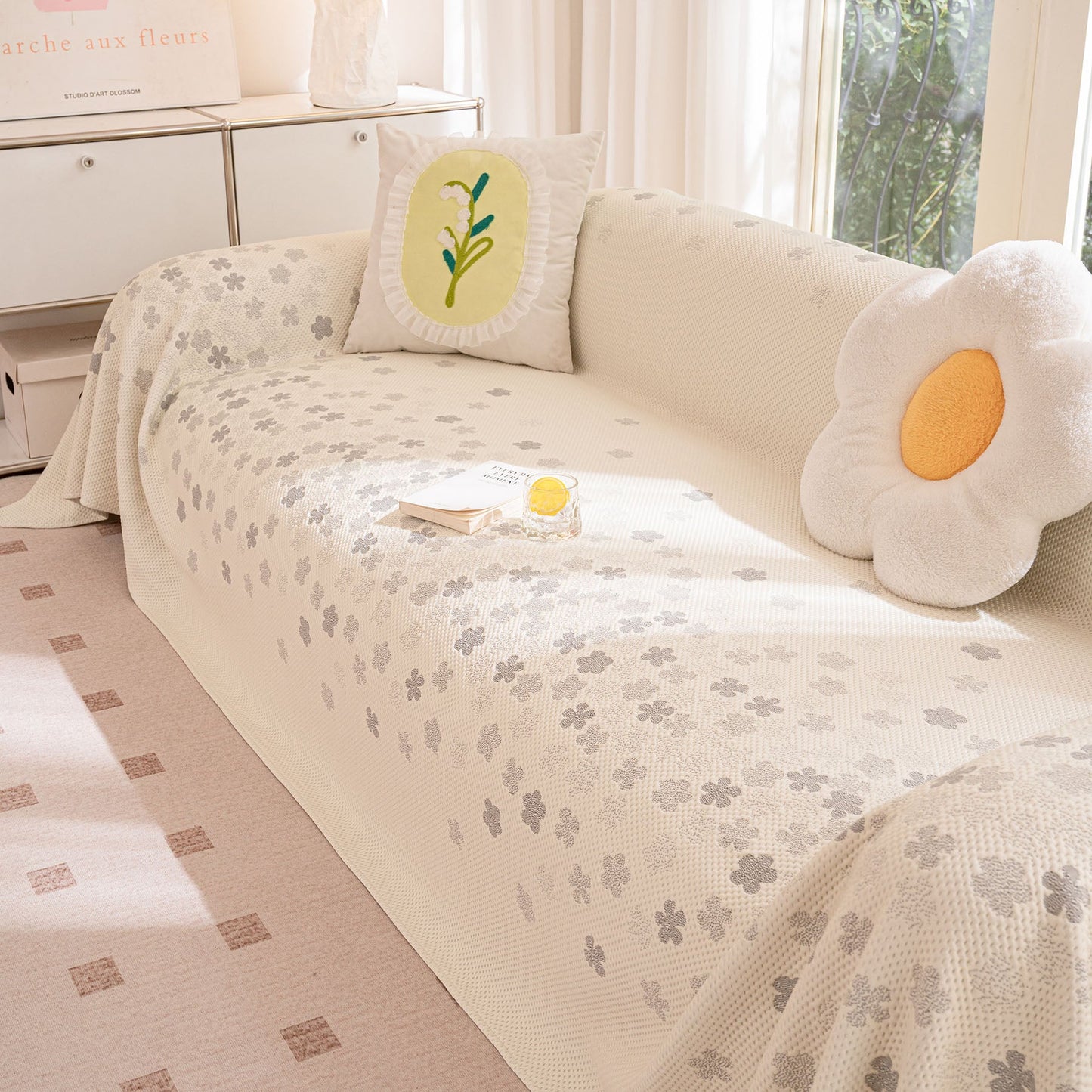 Cooling Ice Silk Sofa Cover Blanket, Floral Soft Silky Breathable Couch Throw Cover