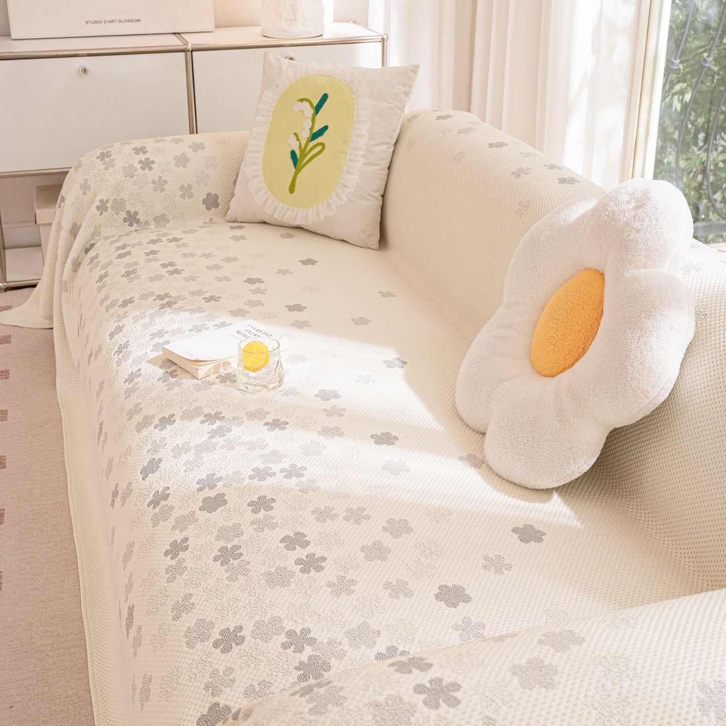 Cooling Ice Silk Sofa Cover Blanket, Floral Soft Silky Breathable Couch Throw Cover