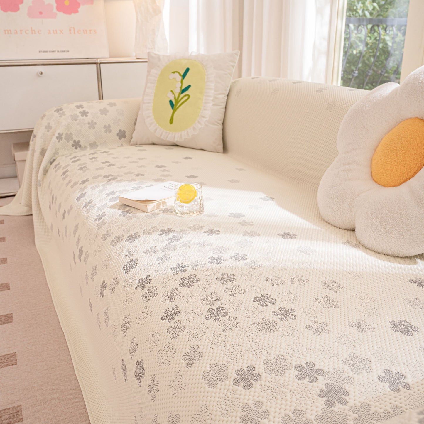 Cooling Ice Silk Sofa Cover Blanket, Floral Soft Silky Breathable Couch Throw Cover