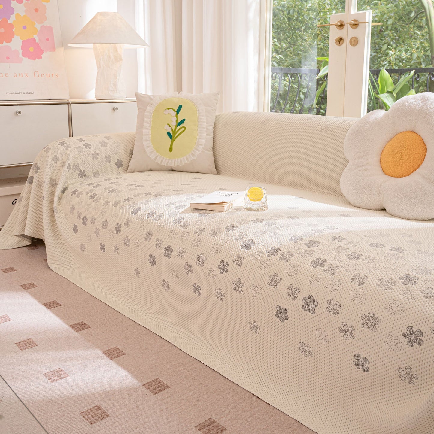 Cooling Ice Silk Sofa Cover Blanket, Floral Soft Silky Breathable Couch Throw Cover