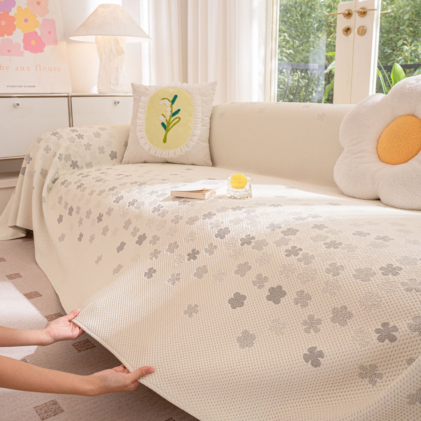 Cooling Ice Silk Sofa Cover Blanket, Floral Soft Silky Breathable Couch Throw Cover