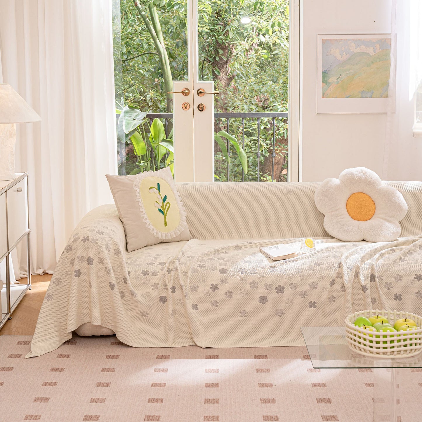 Cooling Ice Silk Sofa Cover Blanket, Floral Soft Silky Breathable Couch Throw Cover