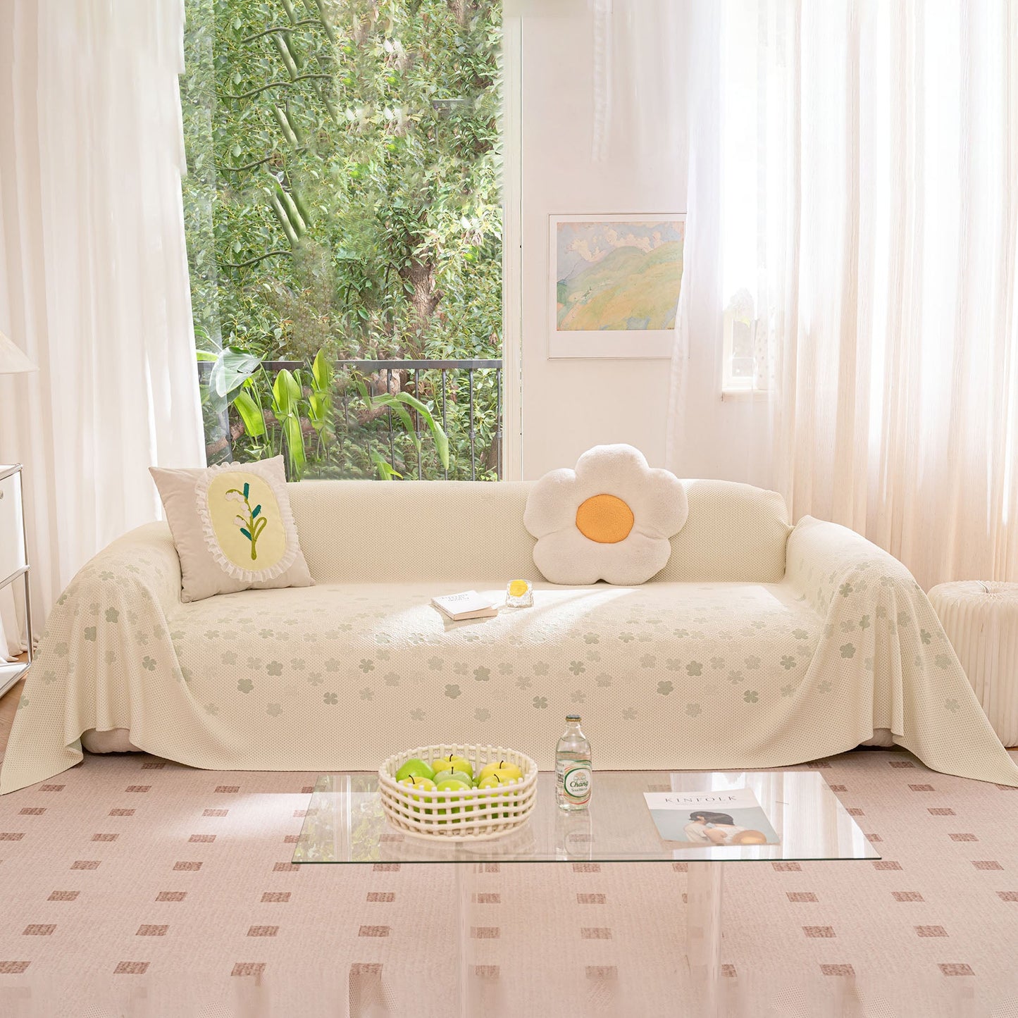 Cooling Ice Silk Sofa Cover Blanket, Floral Soft Silky Breathable Couch Throw Cover