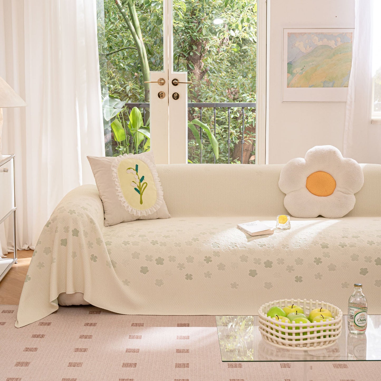Cooling Ice Silk Sofa Cover Blanket, Floral Soft Silky Breathable Couch Throw Cover