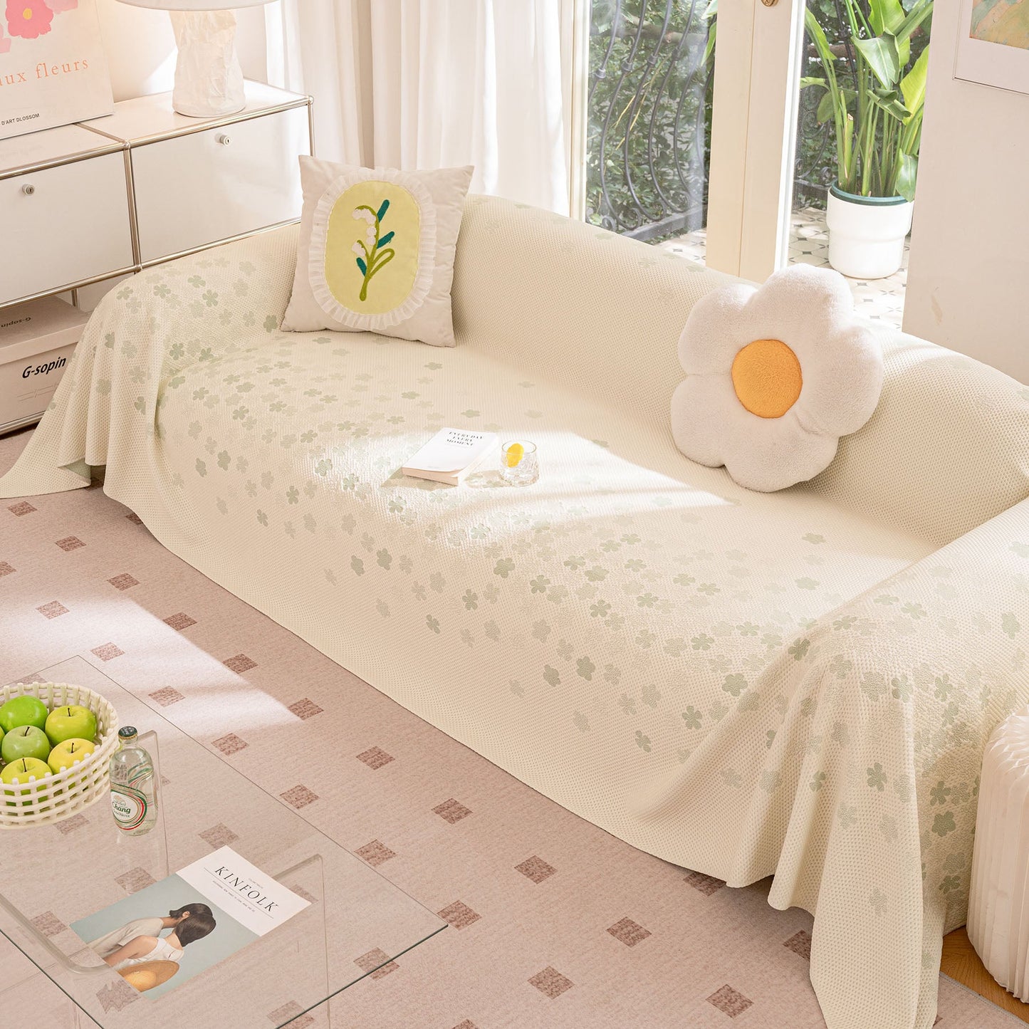 Cooling Ice Silk Sofa Cover Blanket, Floral Soft Silky Breathable Couch Throw Cover