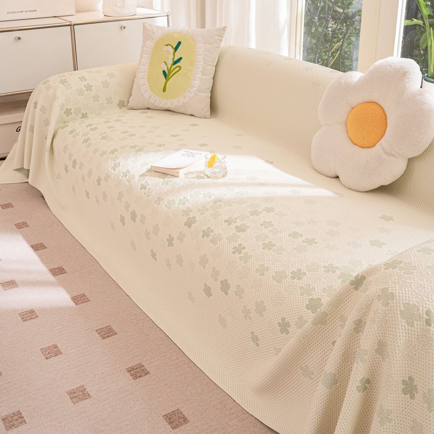 Cooling Ice Silk Sofa Cover Blanket, Floral Soft Silky Breathable Couch Throw Cover