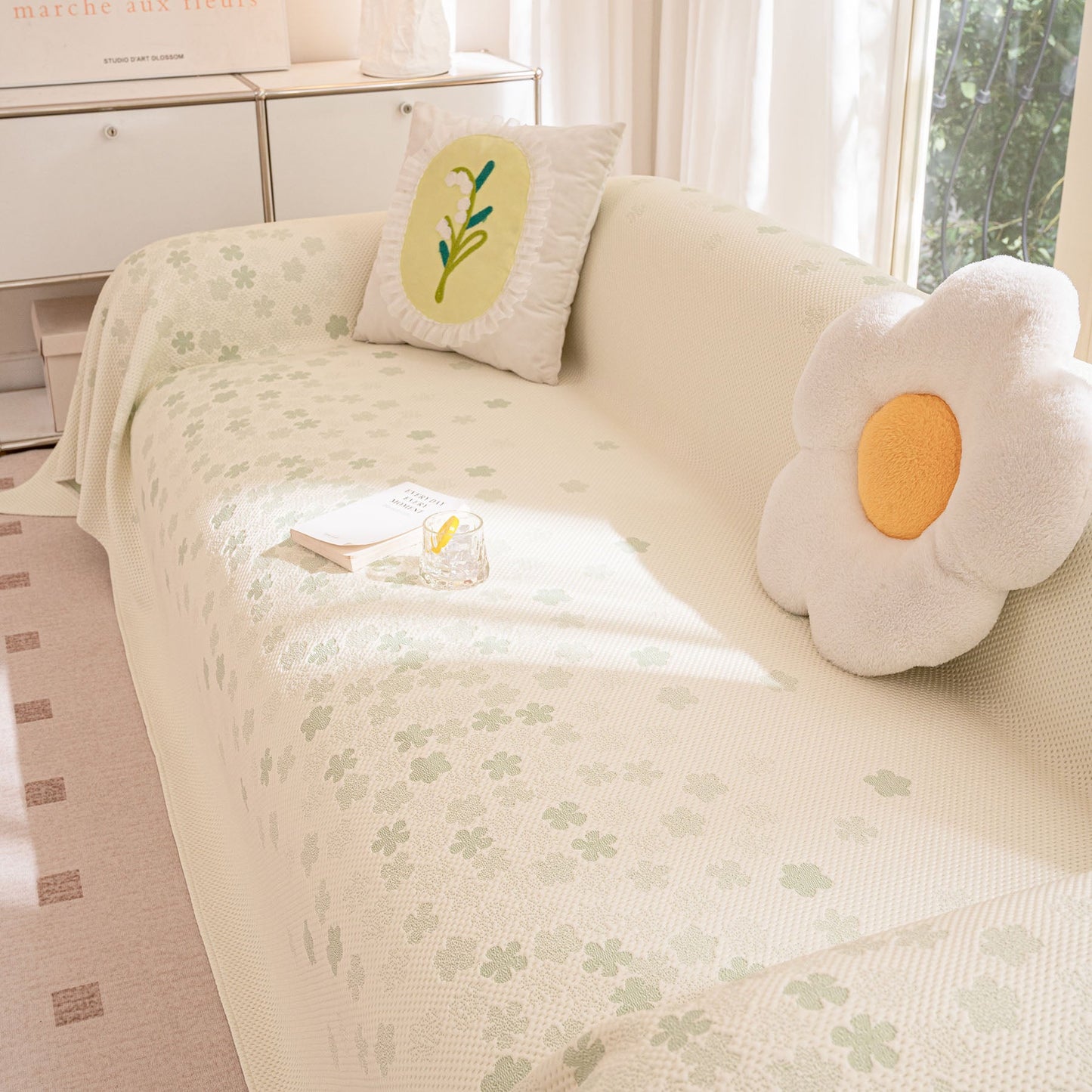 Cooling Ice Silk Sofa Cover Blanket, Floral Soft Silky Breathable Couch Throw Cover