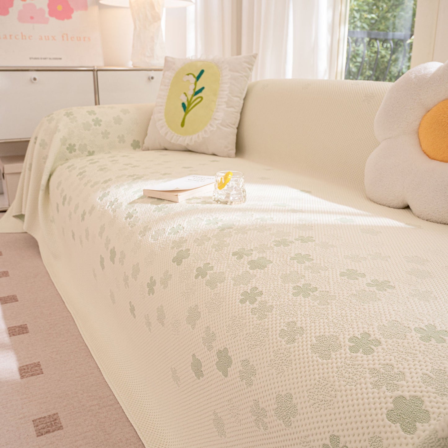 Cooling Ice Silk Sofa Cover Blanket, Floral Soft Silky Breathable Couch Throw Cover