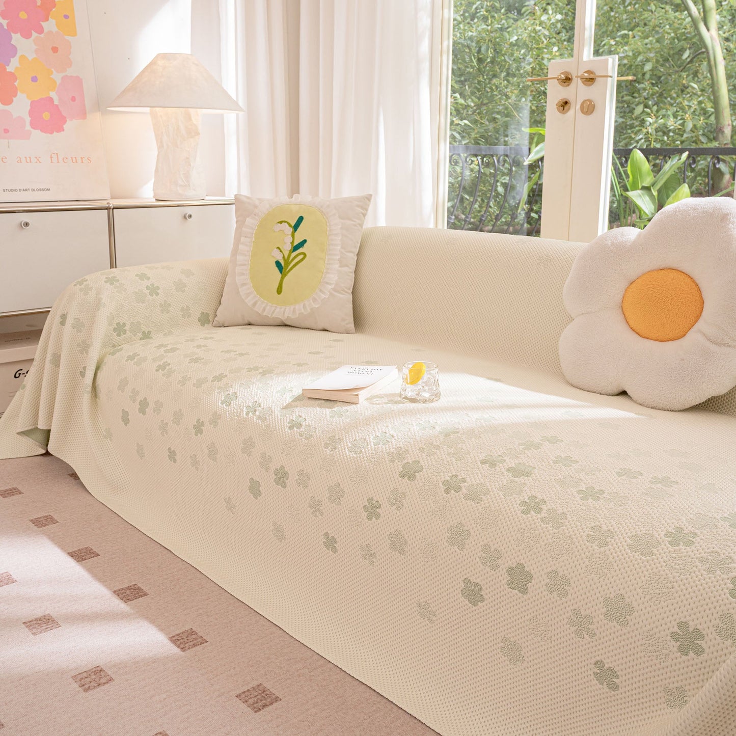 Cooling Ice Silk Sofa Cover Blanket, Floral Soft Silky Breathable Couch Throw Cover