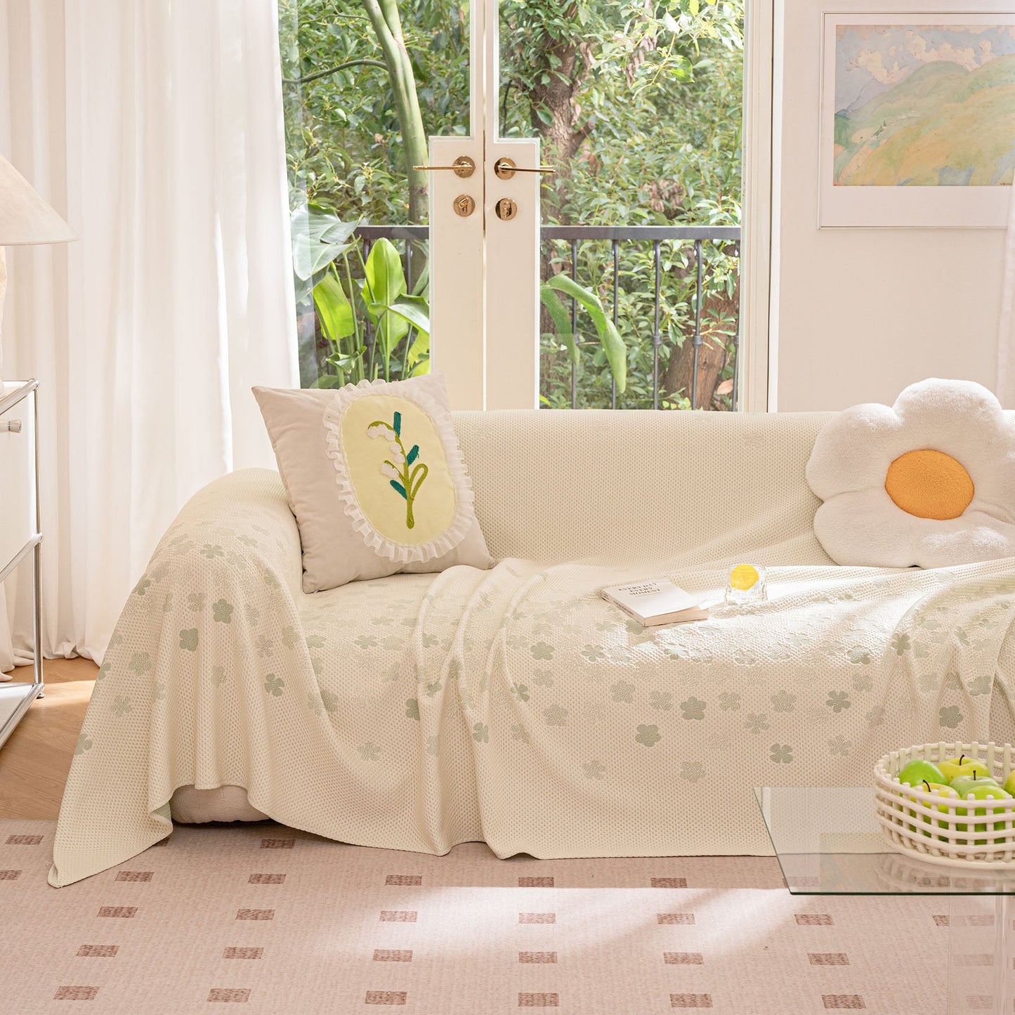 Cooling Ice Silk Sofa Cover Blanket, Floral Soft Silky Breathable Couch Throw Cover