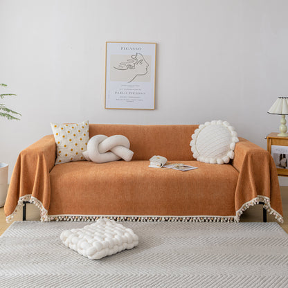 Couch Cover Sectional L Shape Chenille Herringbone Couch Throw Cover with Tassel Pom-Poms for Pets
