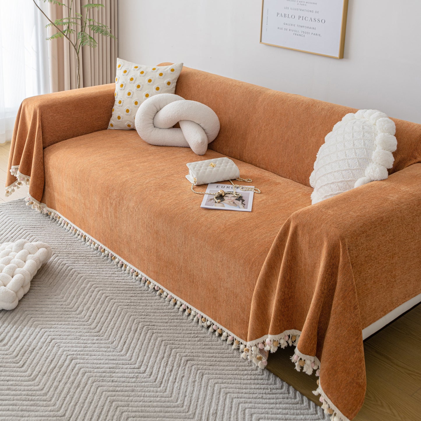 Couch Cover Sectional L Shape Chenille Herringbone Couch Throw Cover with Tassel Pom-Poms for Pets