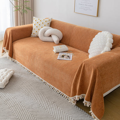 Couch Cover Sectional L Shape Chenille Herringbone Couch Throw Cover with Tassel Pom-Poms for Pets