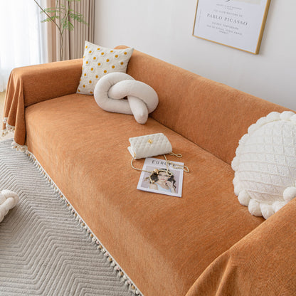 Boho Herringbone Sofa Throw Blanket with Pom Pom Tassels Stylish Furniture Slipcover