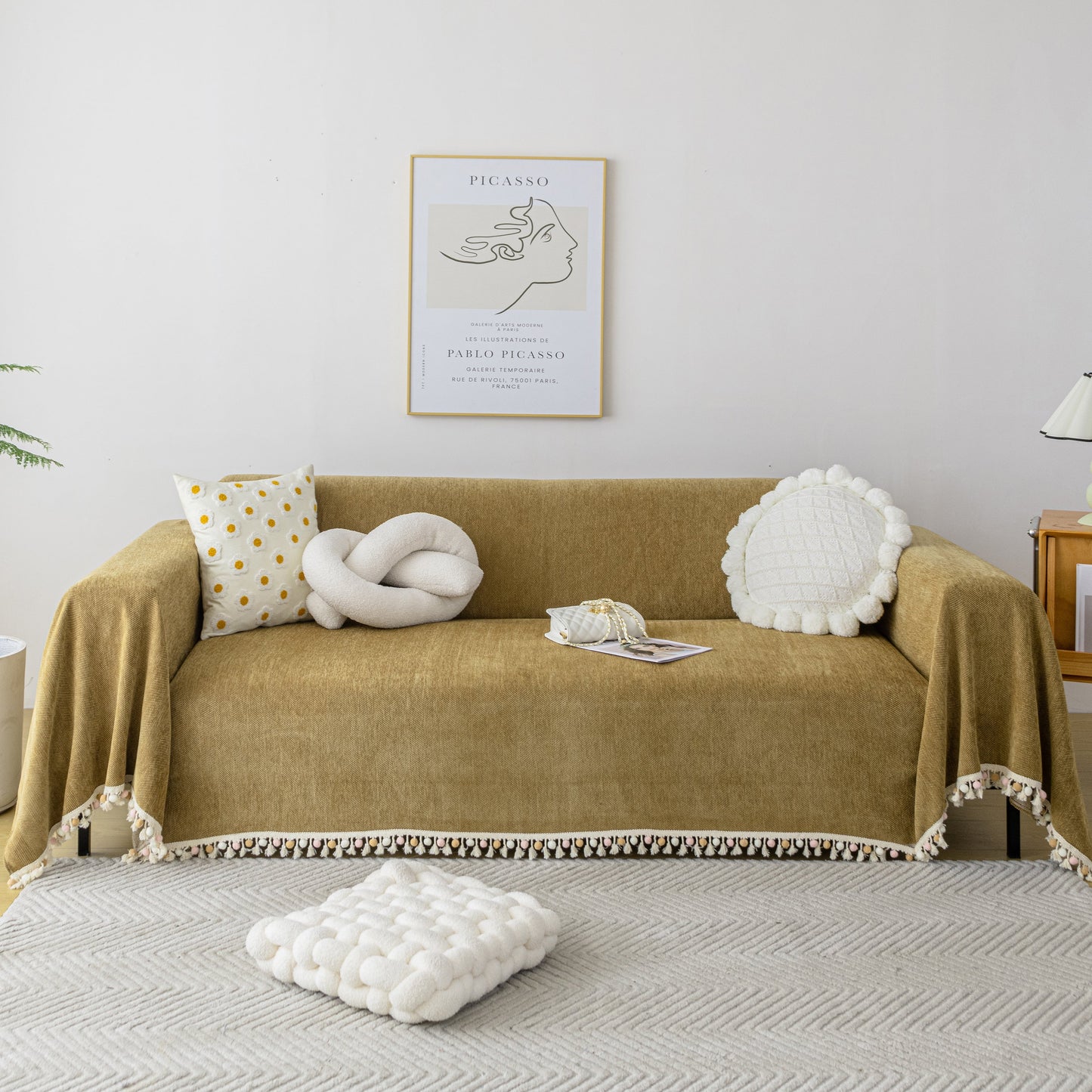 Couch Cover Sectional L Shape Chenille Herringbone Couch Throw Cover with Tassel Pom-Poms for Pets