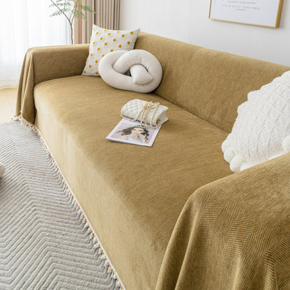 Couch Cover Sectional L Shape Chenille Herringbone Couch Throw Cover with Tassel Pom-Poms for Pets