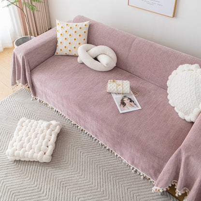 Couch Cover Sectional L Shape Chenille Herringbone Couch Throw Cover with Tassel Pom-Poms for Pets
