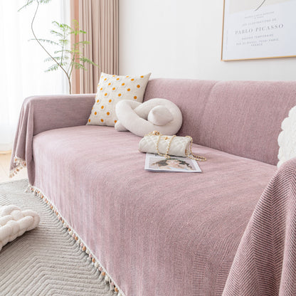 Boho Herringbone Sofa Throw Blanket with Pom Pom Tassels Stylish Furniture Slipcover