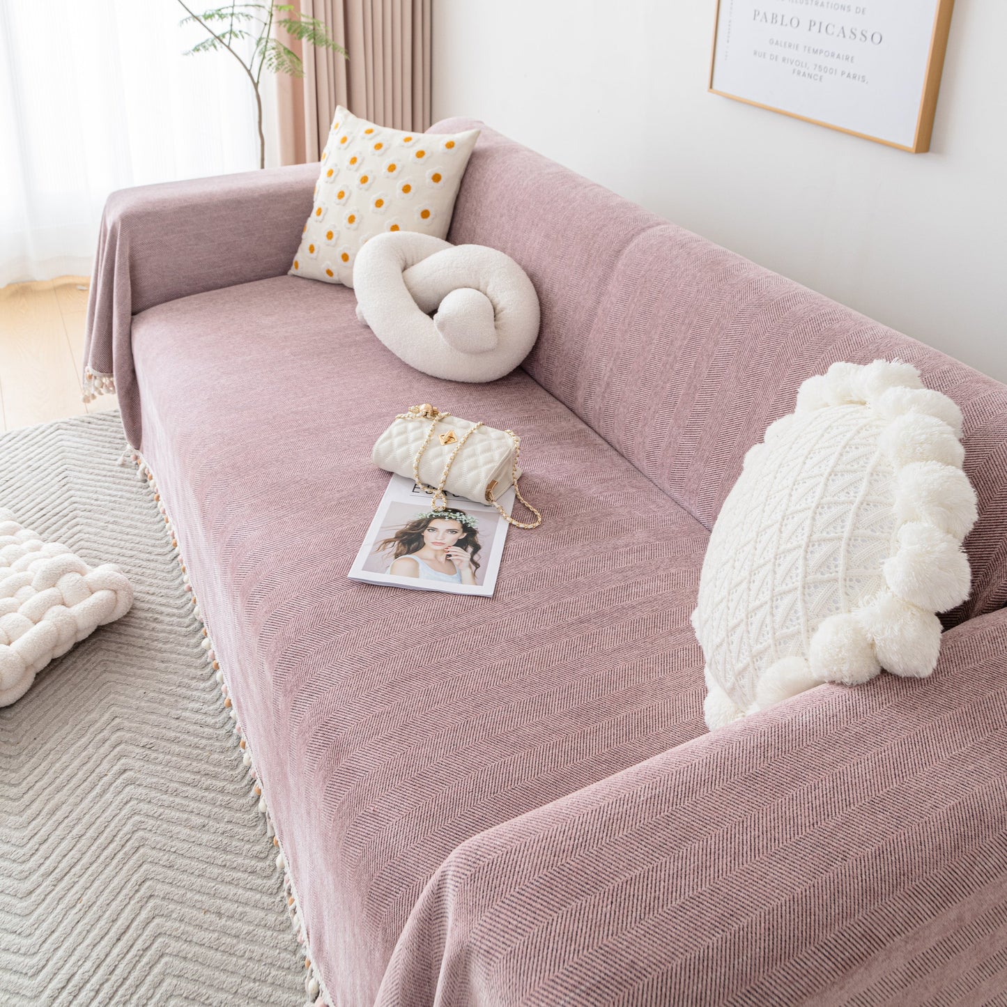 Couch Cover Sectional L Shape Chenille Herringbone Couch Throw Cover with Tassel Pom-Poms for Pets