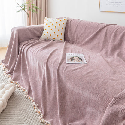Couch Cover Sectional L Shape Chenille Herringbone Couch Throw Cover with Tassel Pom-Poms for Pets