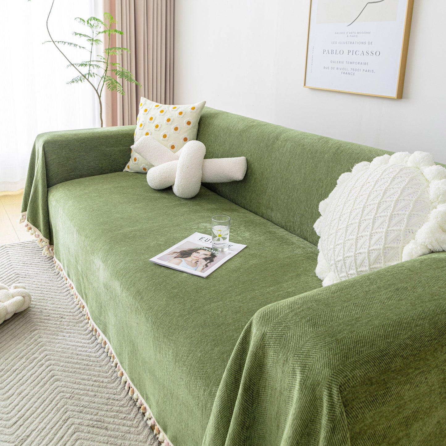Boho Herringbone Sofa Throw Blanket with Pom Pom Tassels Stylish Furniture Slipcover