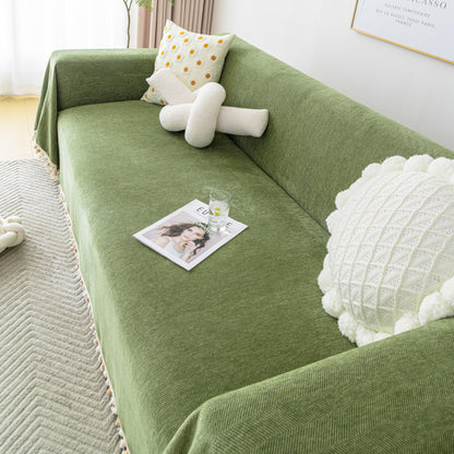Couch Cover Sectional L Shape Chenille Herringbone Couch Throw Cover with Tassel Pom-Poms for Pets