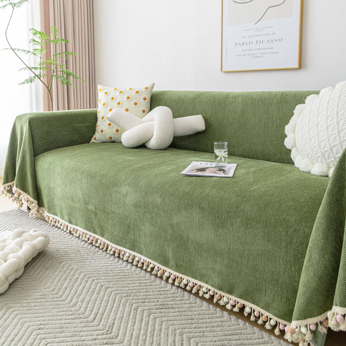 Couch Cover Sectional L Shape Chenille Herringbone Couch Throw Cover with Tassel Pom-Poms for Pets