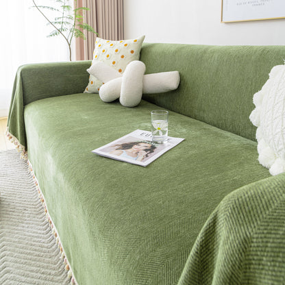 Couch Cover Sectional L Shape Chenille Herringbone Couch Throw Cover with Tassel Pom-Poms for Pets