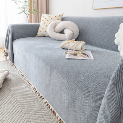 Couch Cover Sectional L Shape Chenille Herringbone Couch Throw Cover with Tassel Pom-Poms for Pets