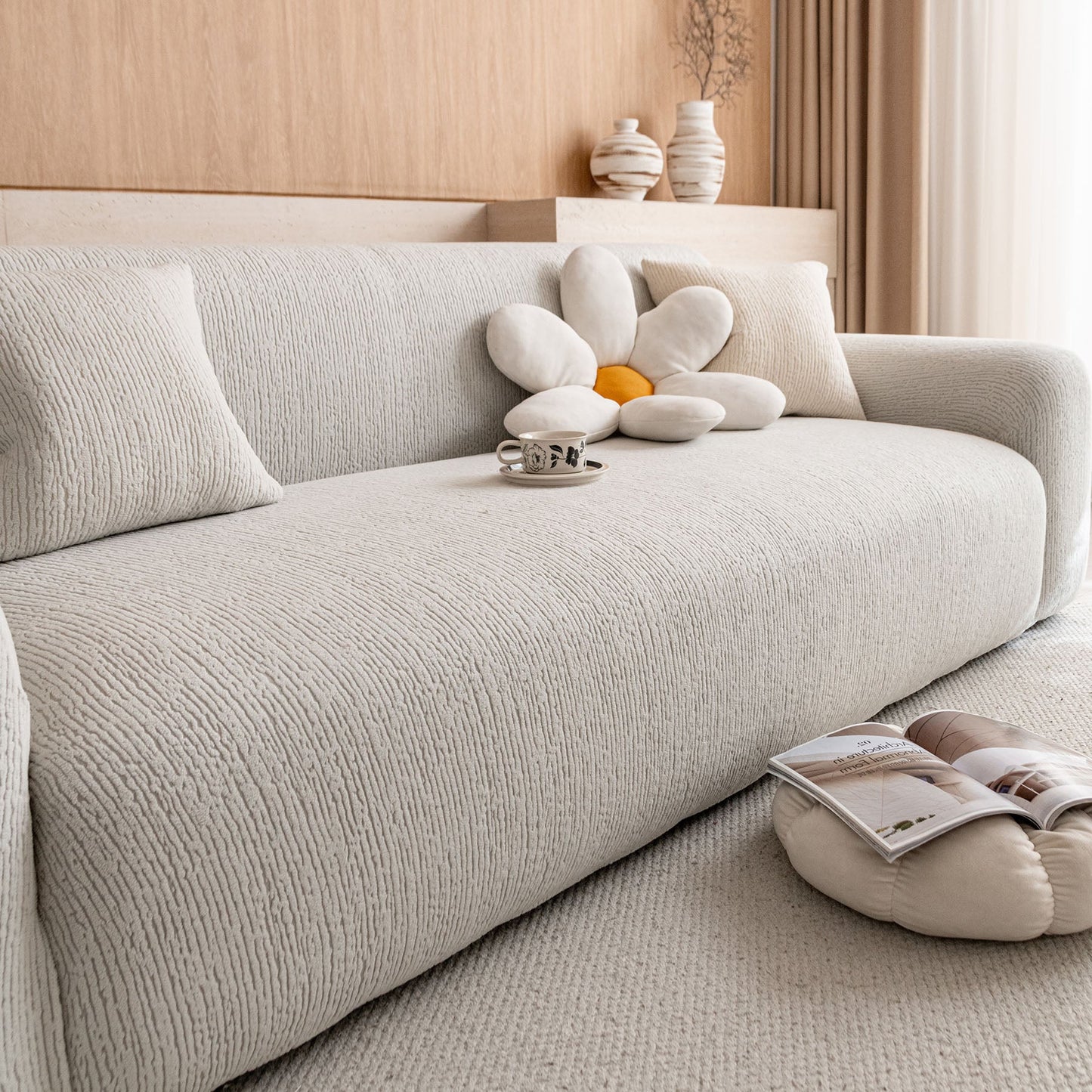 Stretch Textured Vertical Stripe Couch Slipcover, Soft Jacquard Elastic Sofa Cover