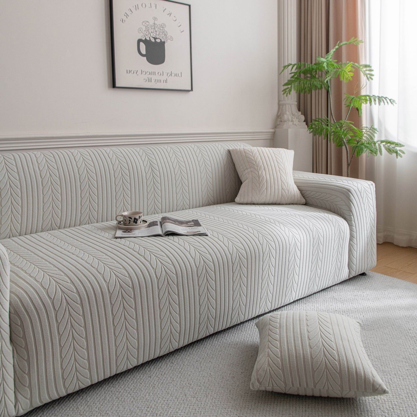 Plush Fleece Sofa Slipcover with 3D Wheat Pattern, Cozy High-Stretch Couch Cover