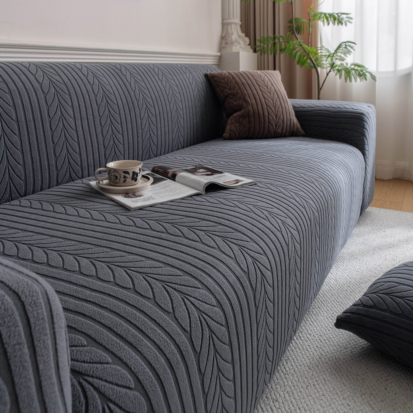 Plush Fleece Sofa Slipcover with 3D Wheat Pattern, Cozy High-Stretch Couch Cover