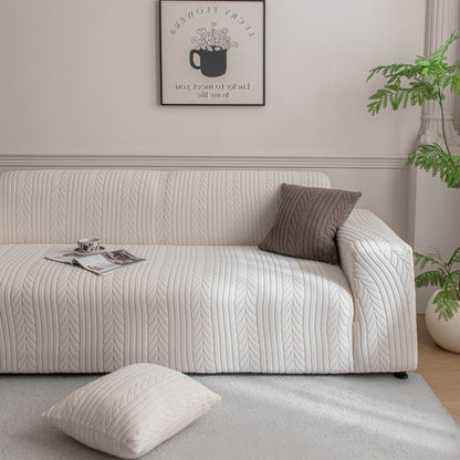 Plush Fleece Sofa Slipcover with 3D Wheat Pattern, Cozy High-Stretch Couch Cover