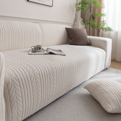 Plush Fleece Sofa Slipcover with 3D Wheat Pattern, Cozy High-Stretch Couch Cover