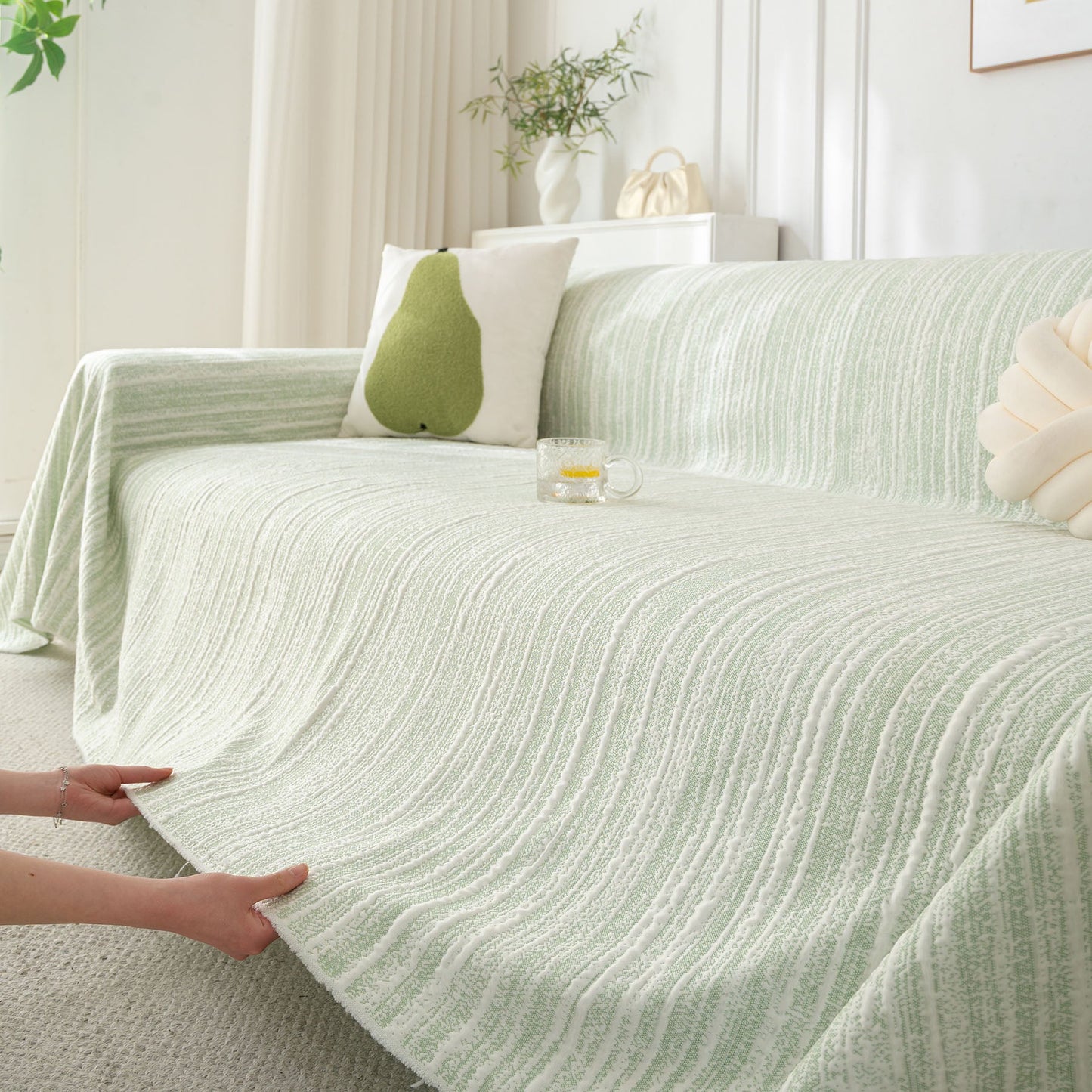 Summer Cooling Ice Silk Sofa Cover, Textured Stripe Soft Breathable Couch Throw Cover