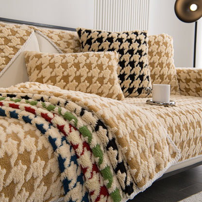 Winter Thickened Sherpa Fleece Houndstooth Sofa Cushion, Non-slip Sofa Cover with Plush