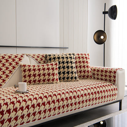Winter Thickened Sherpa Fleece Houndstooth Sofa Cushion, Non-slip Sofa Cover with Plush