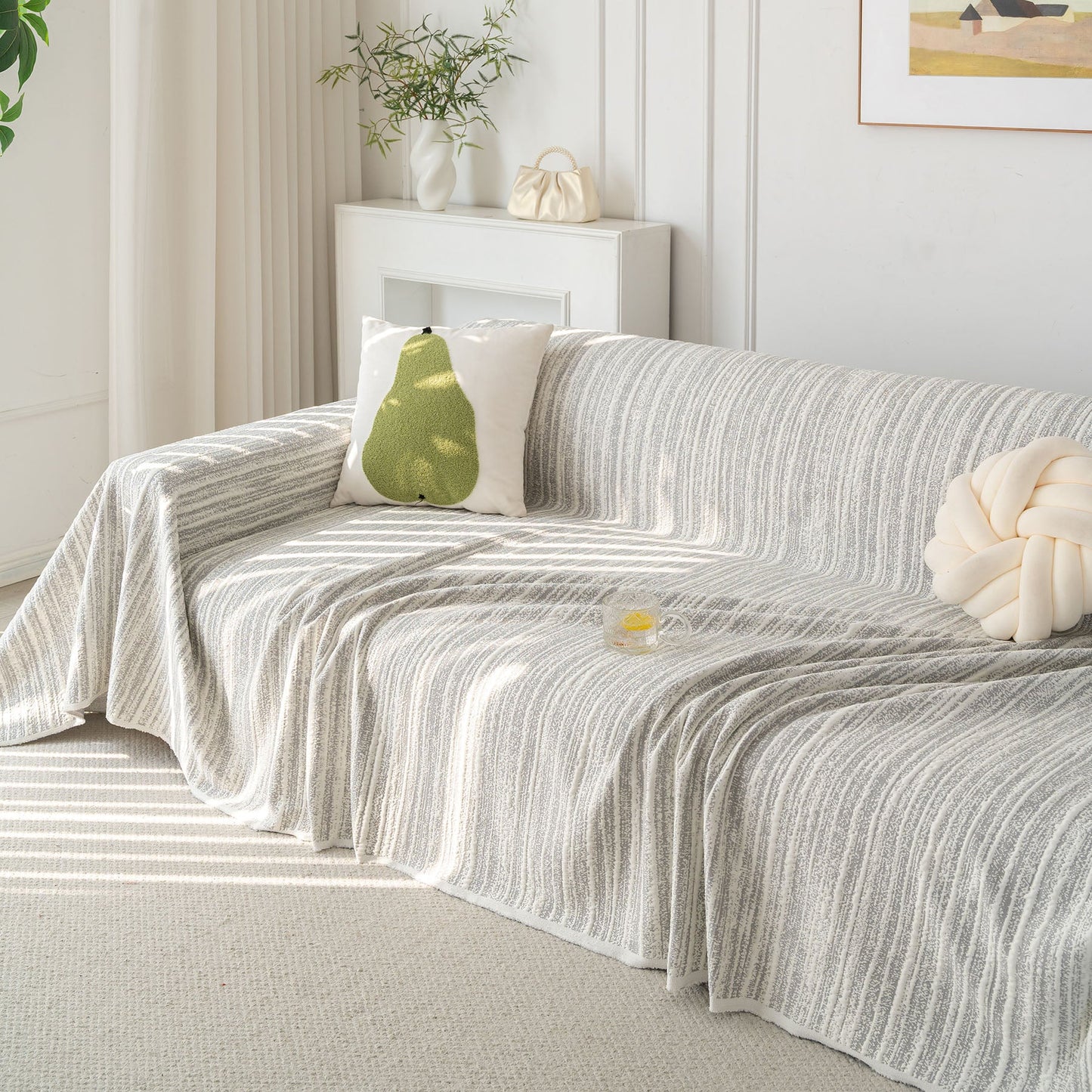 Summer Cooling Ice Silk Sofa Cover, Textured Stripe Soft Breathable Couch Throw Cover
