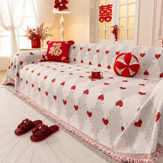 Chinese New Year Sofa Throw Cover Blanket, Decor Festive Red Fu Pattern Couch Cover