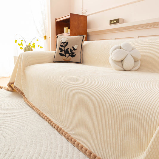 Textured Striped Cozy Couch Cover Throw Blanket with Pom Pom Trim for Sectional Sofa