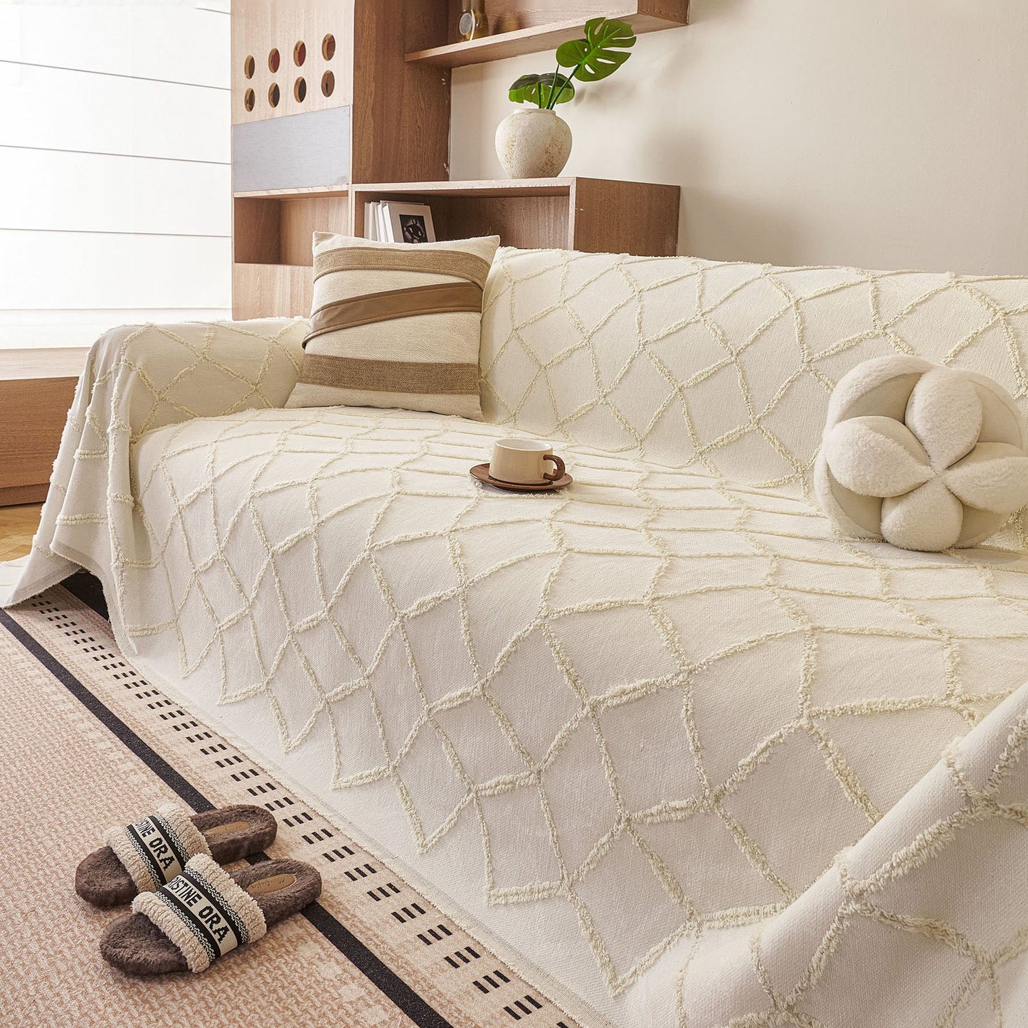 Soft Chenille Sofa Throw Cover, Raised Geometric Texture Furniture Protector Blanket