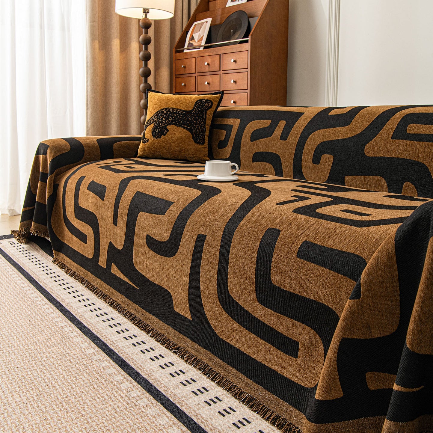Modern Boho Chenille Sofa Cover Throw Blanket, Abstract Geometric Pattern Couch Cover