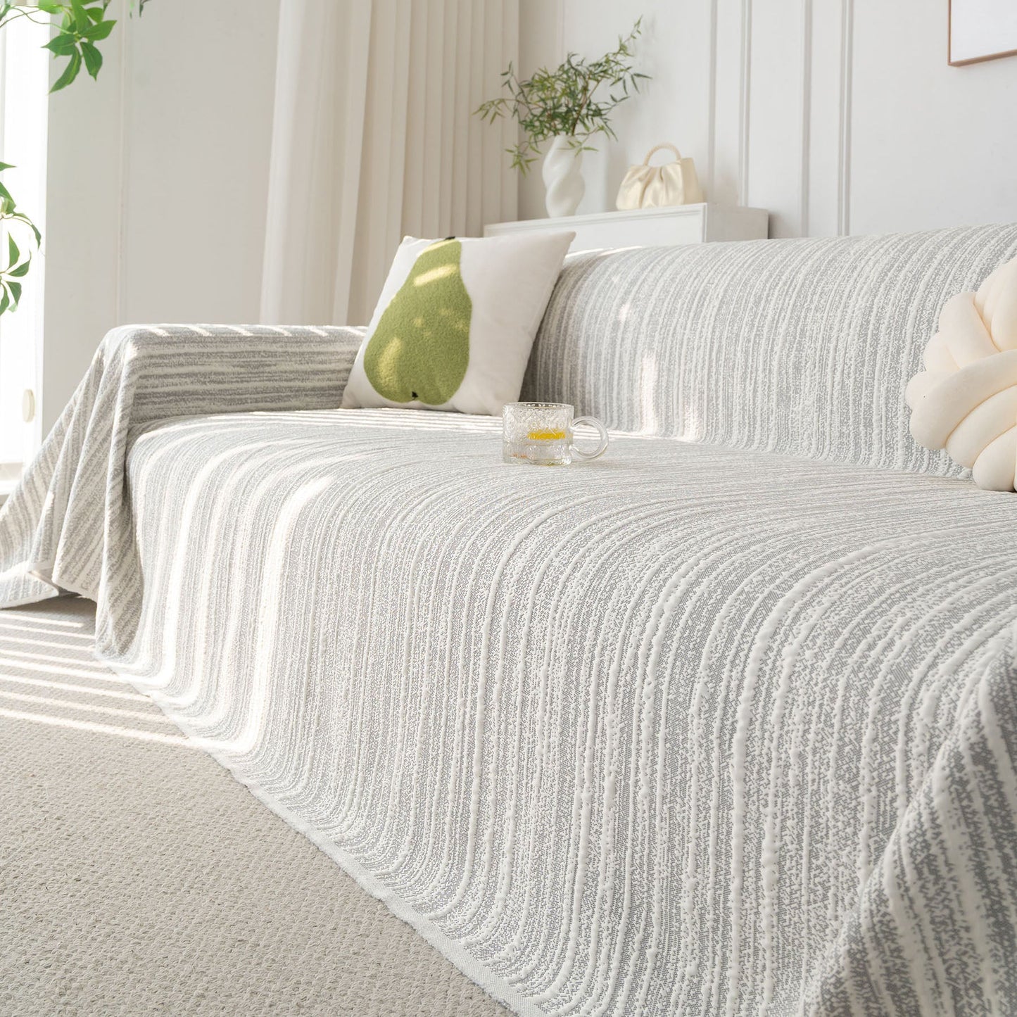 Summer Cooling Ice Silk Sofa Cover, Textured Stripe Soft Breathable Couch Throw Cover
