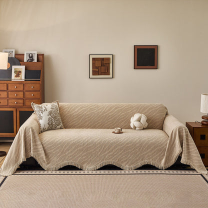 Wavy Wave Pattern Woven Couch Cover with Fringe Tassel, Soft Furniture Cover Protector