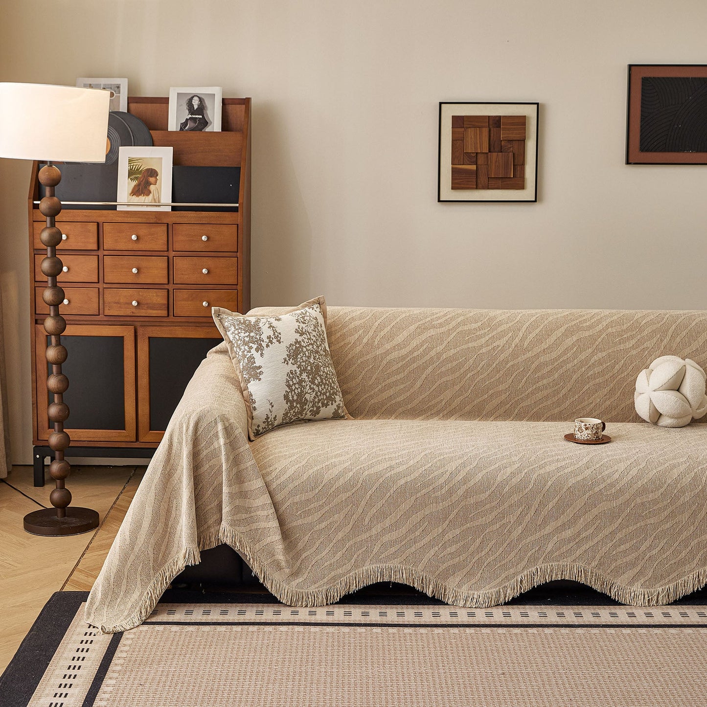 Wavy Wave Pattern Woven Couch Cover with Fringe Tassel, Soft Furniture Cover Protector