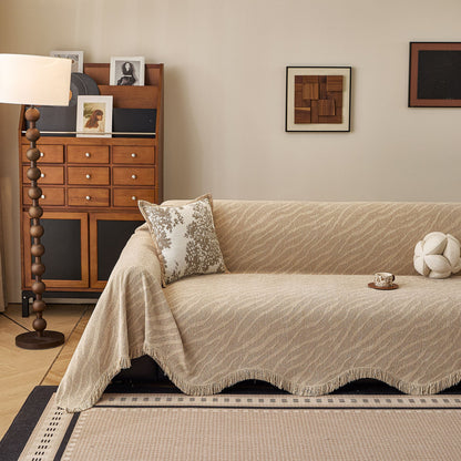 Wavy Wave Pattern Woven Couch Cover with Fringe Tassel, Soft Furniture Cover Protector